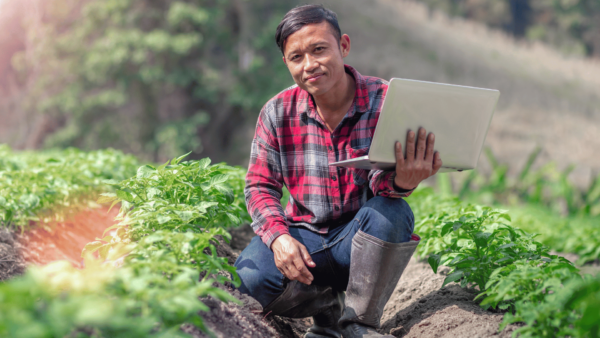 Male farmer sitting with laptop in field