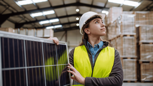 Solar panel specialist at manufacturing warehouse