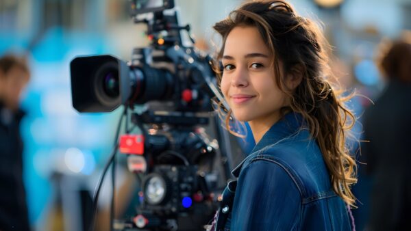 A young filmmaker stands confidently beside a professional camera on a busy film set