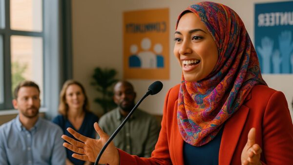 Female public speaker at a multicultural event