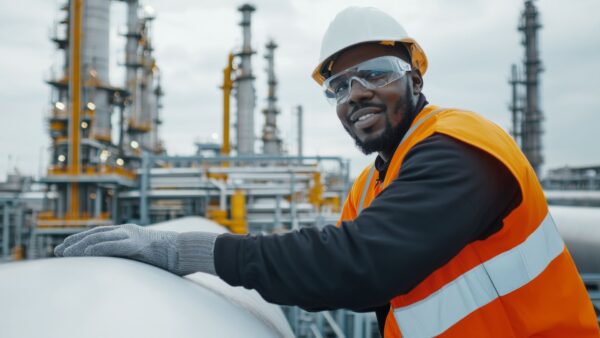 A worker in safety gear smiles