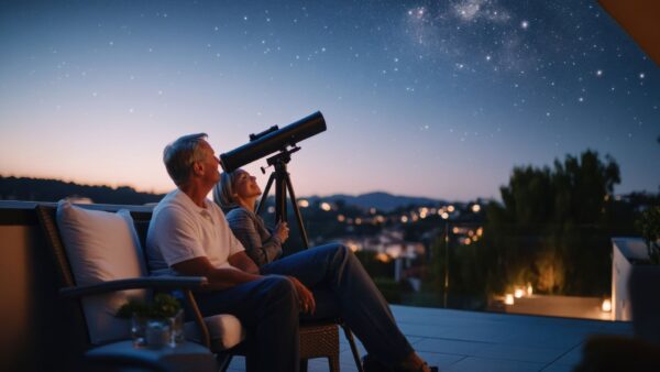 Senior couple stargazing glamping