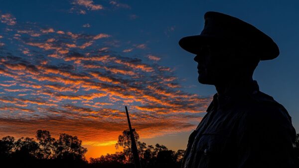 Australian army soldier wearing uniform and hat on Anzac Day remembrance ceremony