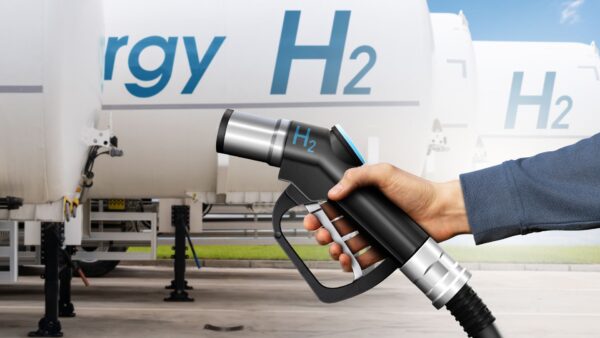 Hydrogen tank trailers stand in a row