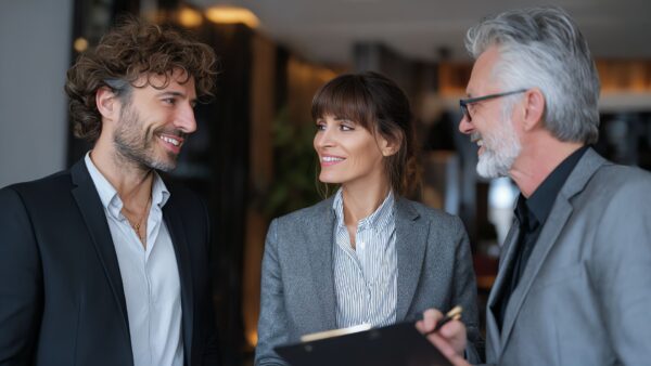 Three businessowners discussing energy efficiency