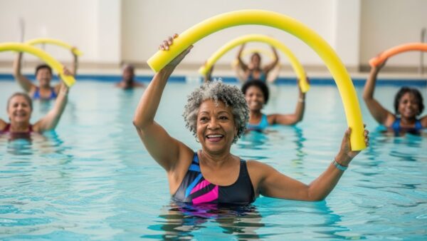 Senior woman exercising with pool noodle in community wellness pool
