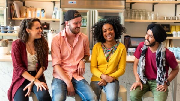 Diverse friends enjoying conversation together