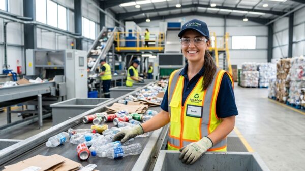 Smiling worker in recycling factory