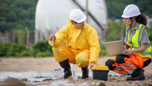 Technical team performing ecological impact assessment and water quality analysis at a coastal industrial zone