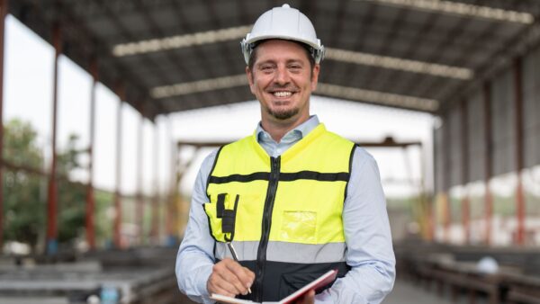 Portrait of male civil engineer wearing safety vest with white helmet standing and working at factory making precast concrete wall for real estate housing