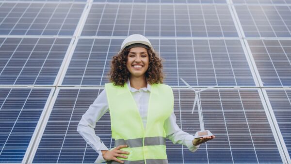 Aboriginal female engineer smiling, holding wind turbine model at solar panel farm, promoting renewable energy and sustainability
