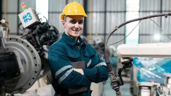 Male engineer working with machine at factory
